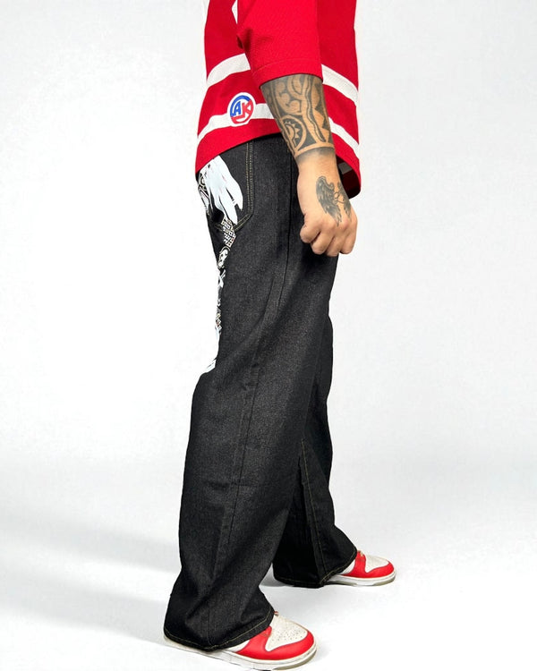 Jeans Denim Baggy con Grafica Orientale su Retro