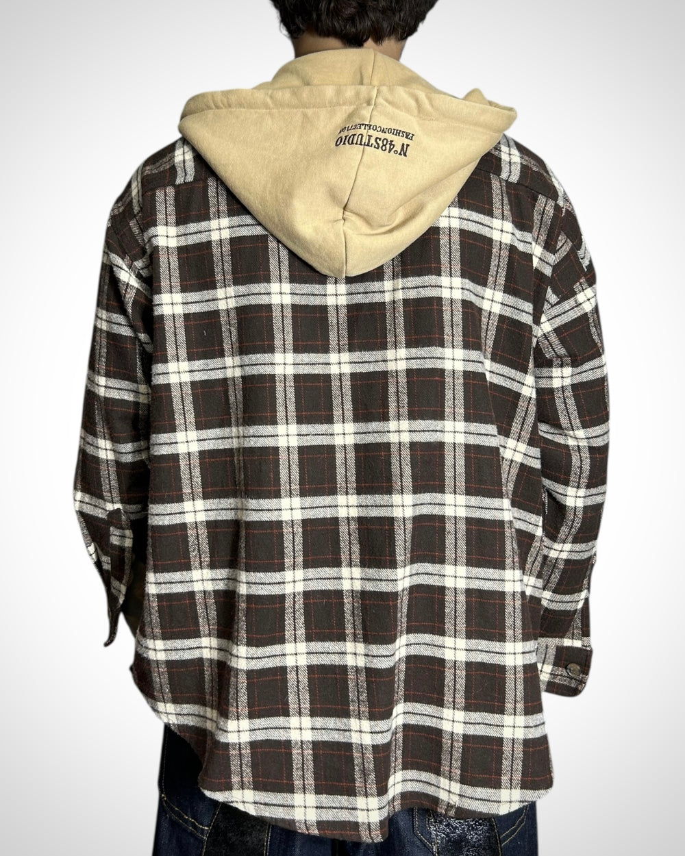 Vintage Hooded Check Shirt Brown Beige