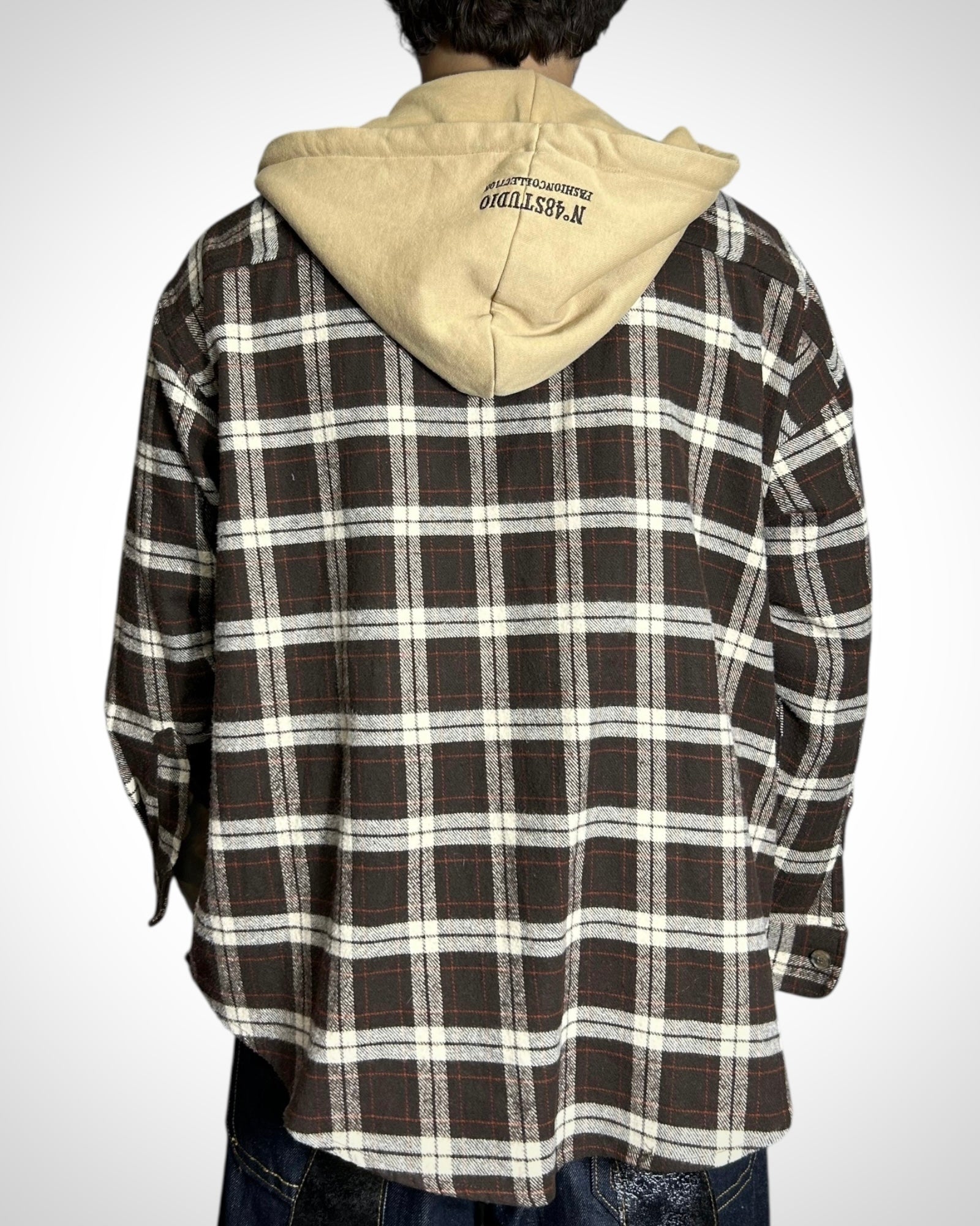Vintage Hooded Check Shirt Brown Beige
