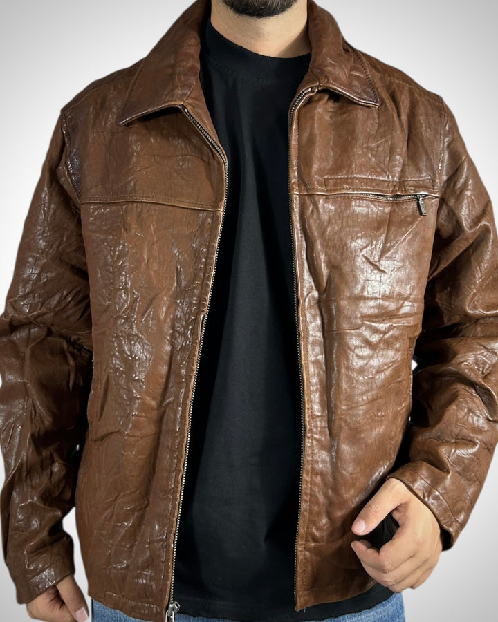 Giubbotto vintage in vera pelle marrone Daniel Crémieux con patch tigre posteriore