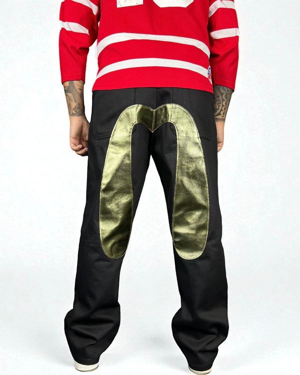 Jeans Reworked Evisu Black Denim Baggy con Gabbiano Verde Laminato