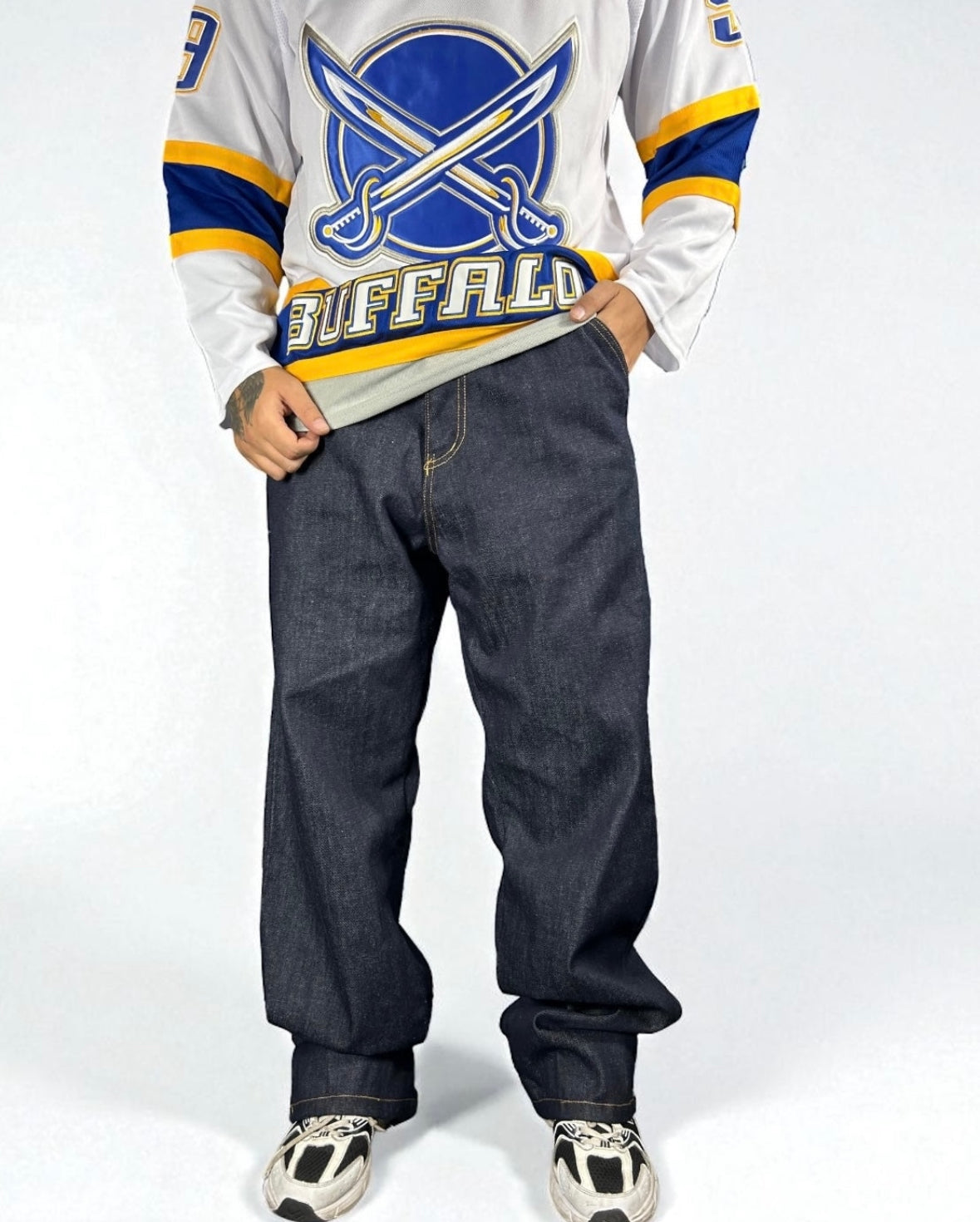 Jeans Reworked Evisu Denim Baggy con Gabbiano in Pelle Rosso Lucido