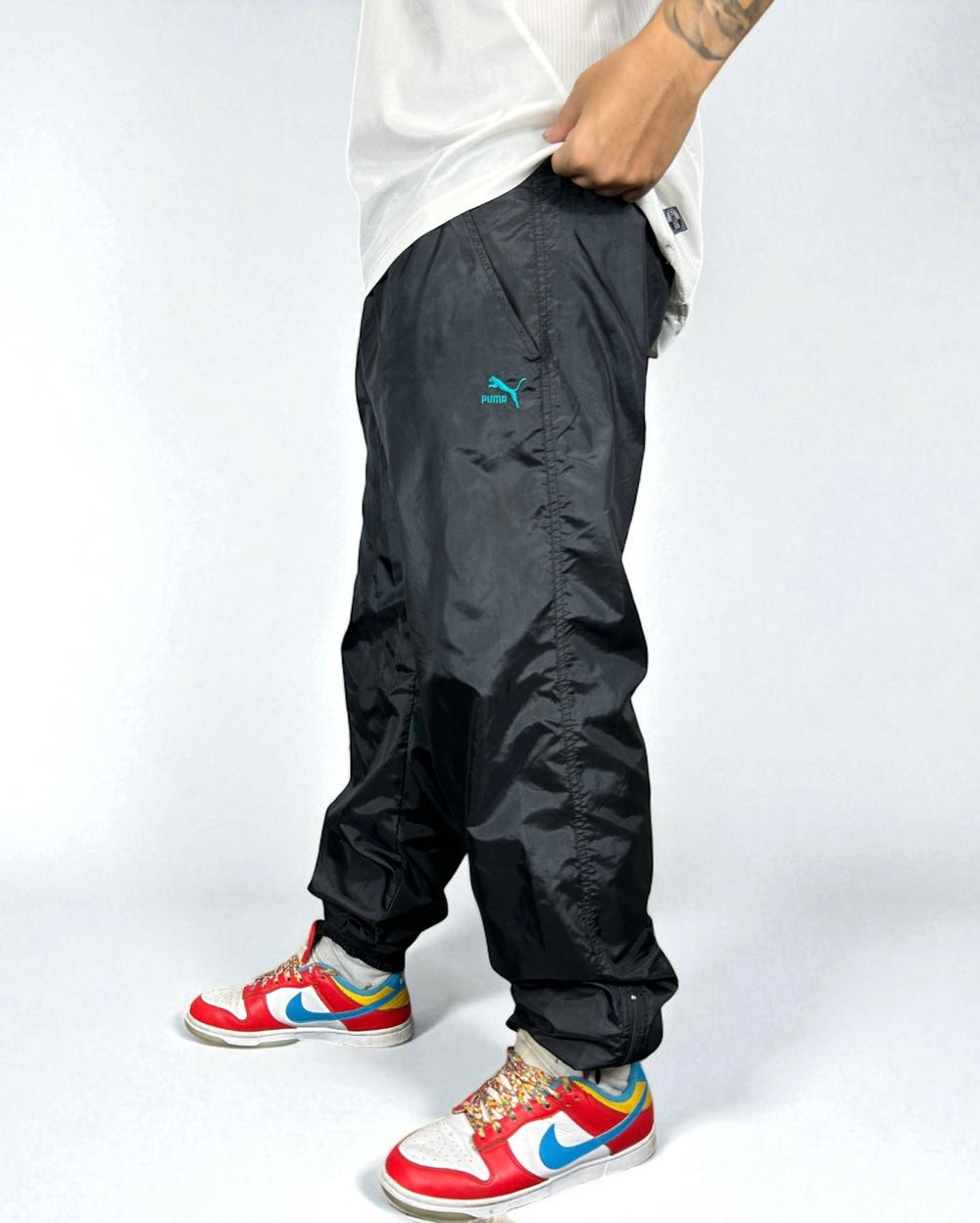 Vintage Puma Track Pants Black 90s — Teal Logo Edition