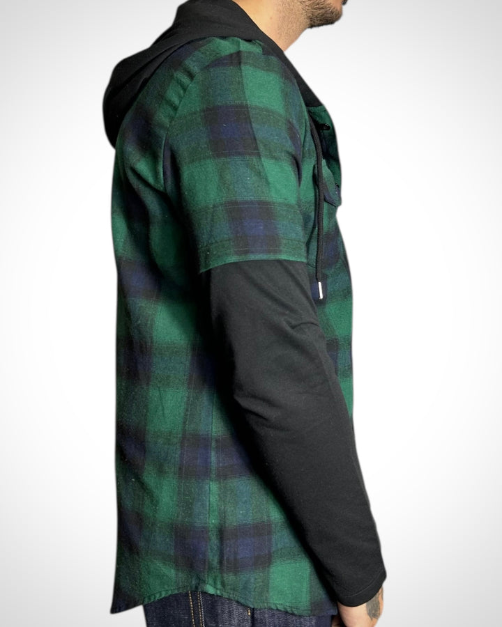 Vintage Layered Hoodie Check Shirt Green Navy