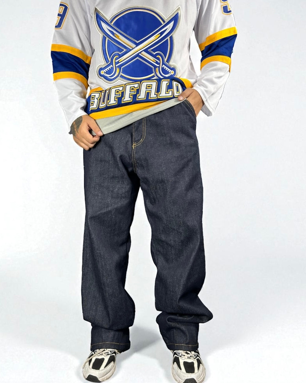 Jeans Reworked Evisu Denim Baggy con Gabbiano Blue Laminato