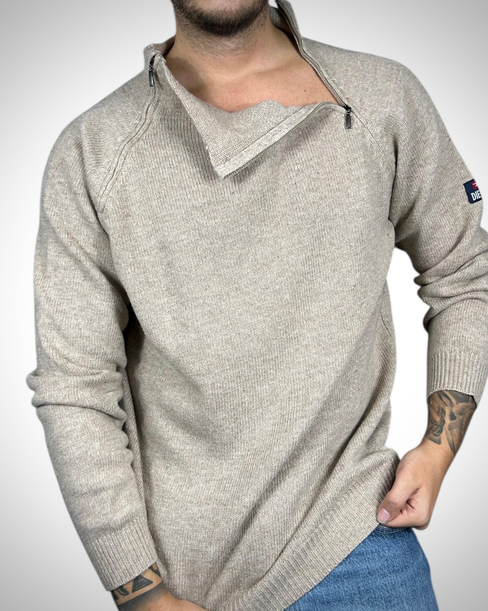 Maglione Vintage Diesel Beige con Collo Alto Zip