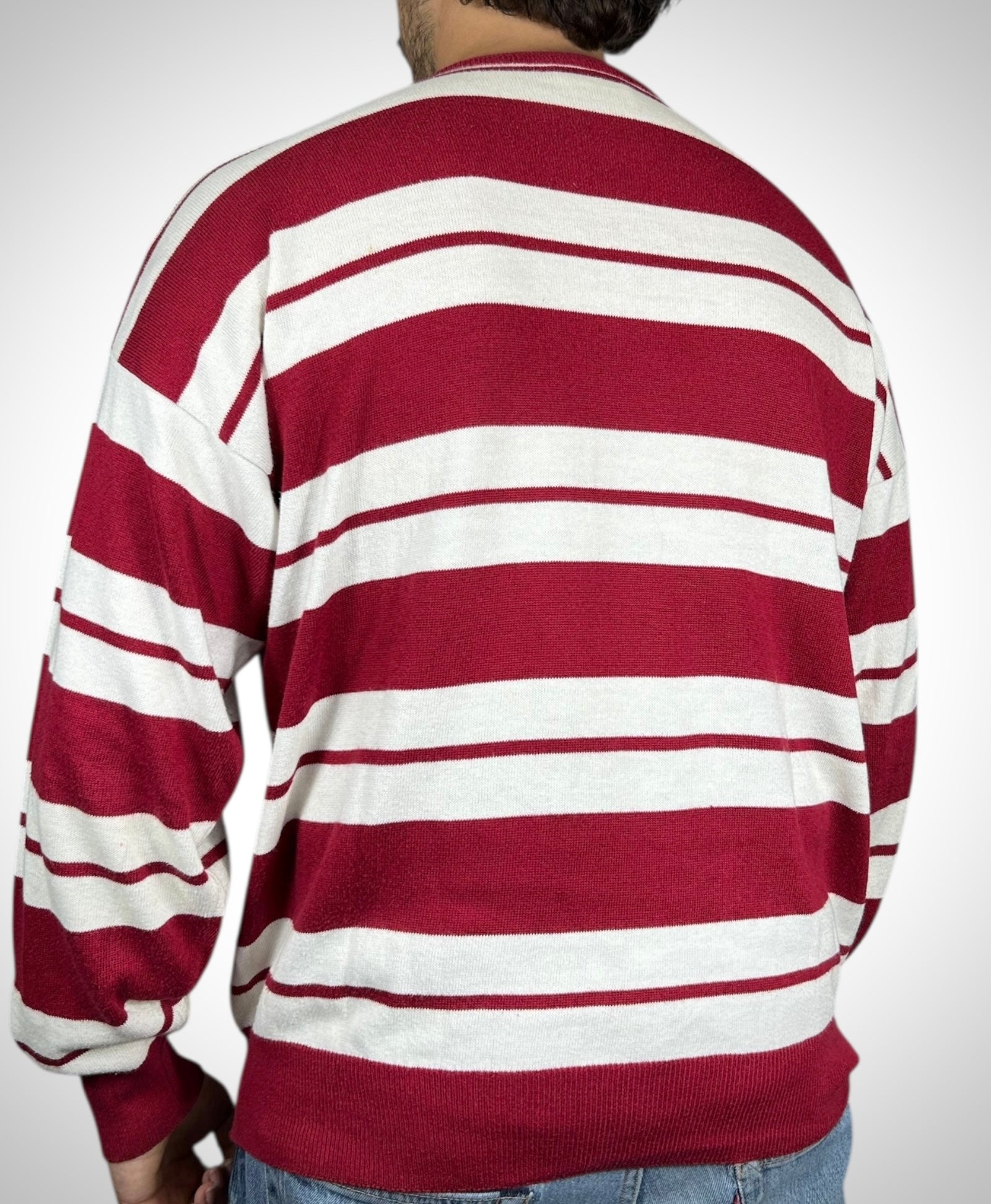 Maglione Vintage Lacoste a Righe Bordeaux e Bianche