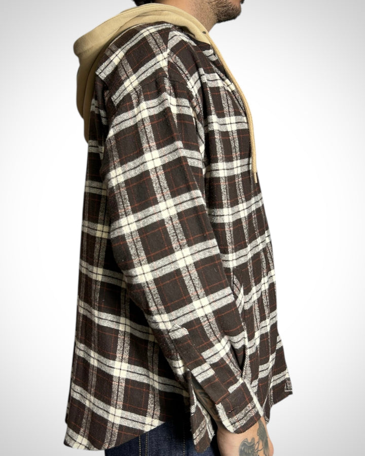 Vintage Hooded Check Shirt Brown Beige