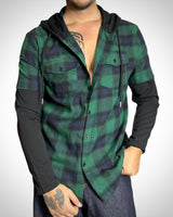 Vintage Layered Hoodie Check Shirt Green Navy