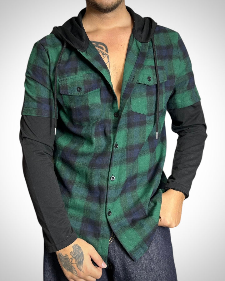 Vintage Layered Hoodie Check Shirt Green Navy