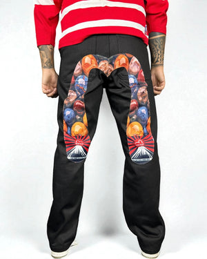 Jeans Reworked Evisu Black Denim Baggy con Gabbiano Multicolor “Marble”