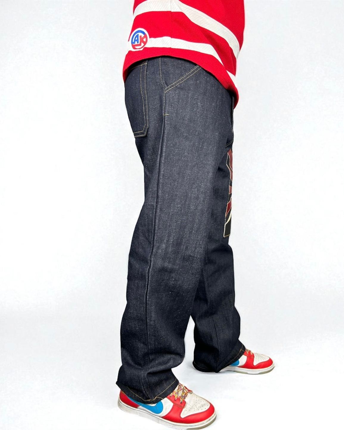 Jeans Reworked Evisu Denim Baggy con Patch Monte Fuji Red Rising Sun