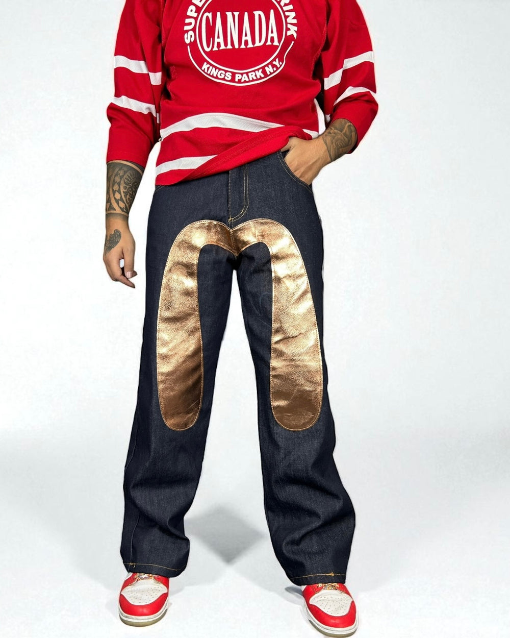 Jeans Reworked Evisu Denim Baggy con Gabbiano Frontale Gold Laminato