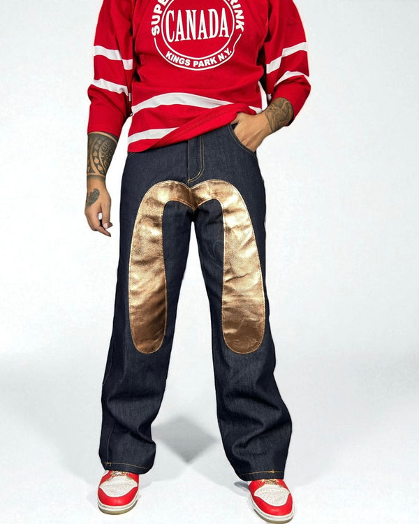 Jeans Reworked Evisu Denim Baggy con Gabbiano Frontale Gold Laminato