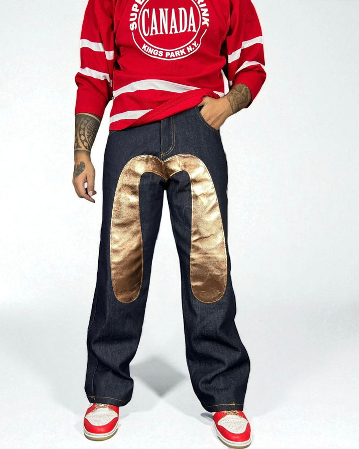 Jeans Reworked Evisu Denim Baggy con Gabbiano Frontale Gold Laminato