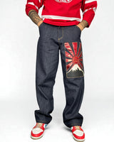 Jeans Reworked Evisu Denim Baggy con Patch Monte Fuji Red Rising Sun