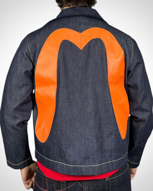 Evisu Denim Jacket con Gabbiano Arancione in Pelle