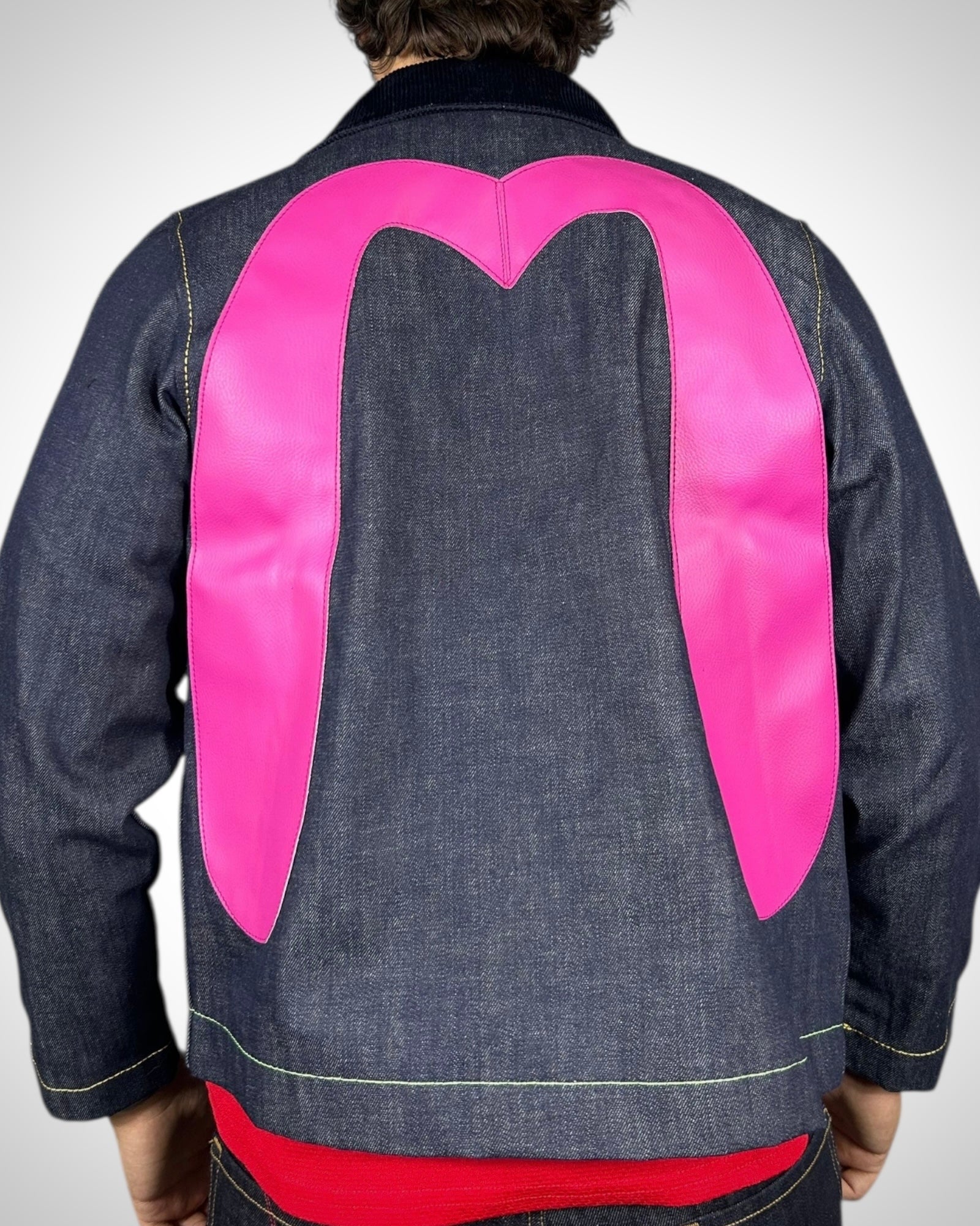 Evisu Denim Jacket con Gabbiano Viola in Pelle