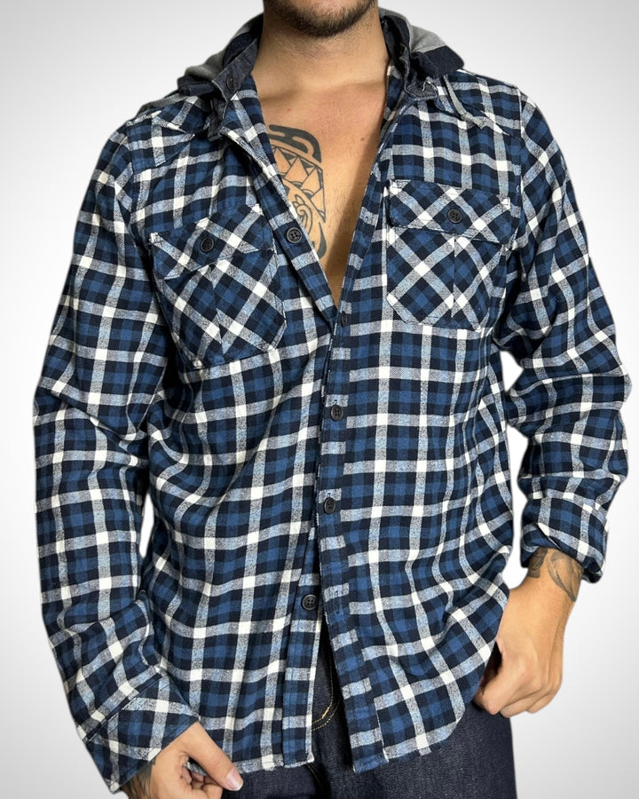 Vintage Hooded Check Shirt Blue White