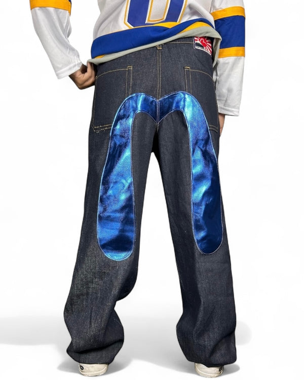 Jeans Reworked Evisu Denim Baggy con Gabbiano Blue Laminato