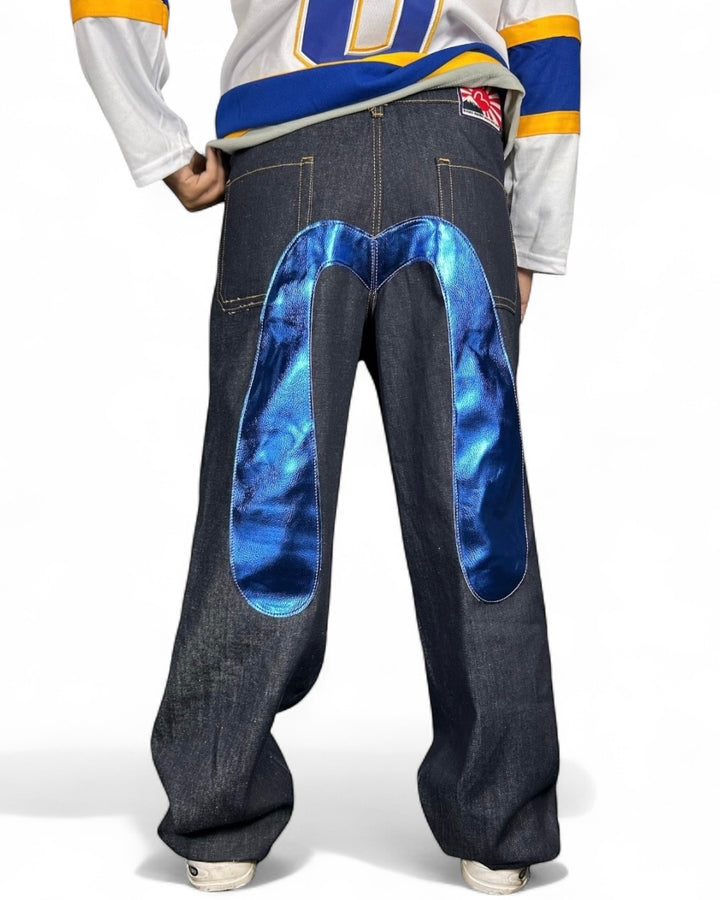 Jeans Reworked Evisu Denim Baggy con Gabbiano Blue Laminato