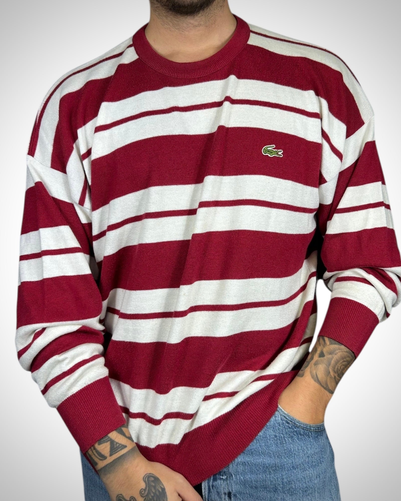 Maglione Vintage Lacoste a Righe Bordeaux e Bianche