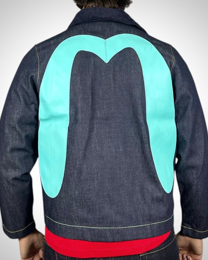 Evisu Denim Jacket con Gabbiano Azzurro in Pelle