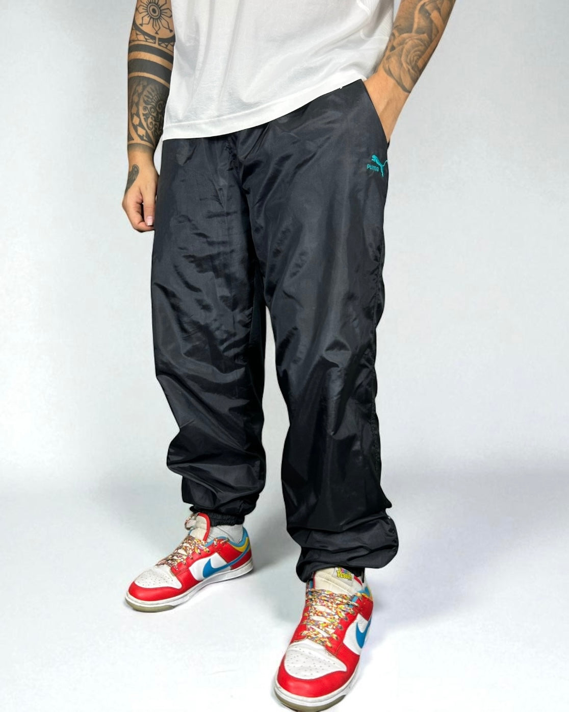 Vintage Puma Track Pants Black 90s — Teal Logo Edition