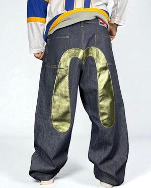 Jeans Reworked Evisu Denim Baggy con Gabbiano Verde Laminato