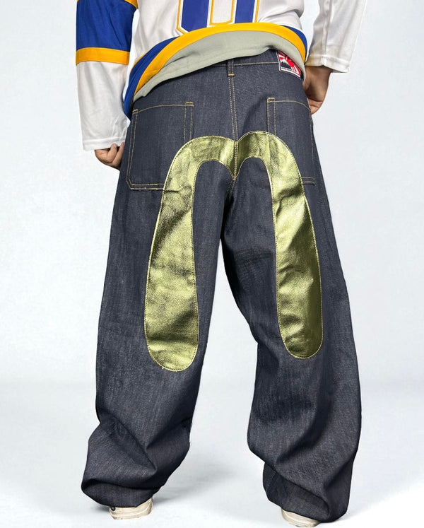 Jeans Reworked Evisu Denim Baggy con Gabbiano Verde Laminato