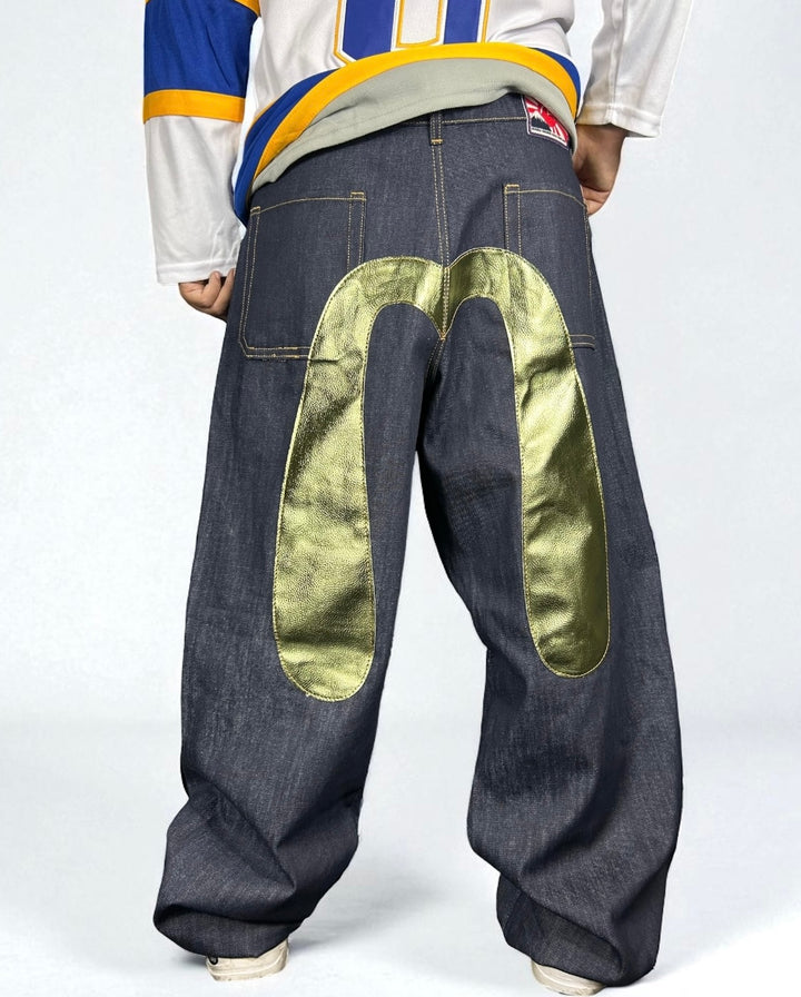 Jeans Reworked Evisu Denim Baggy con Gabbiano Verde Laminato