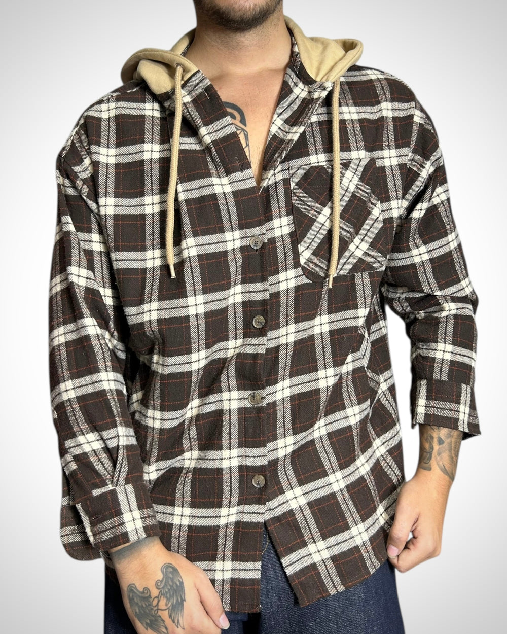 Vintage Hooded Check Shirt Brown Beige