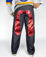Jeans Reworked Evisu Denim Baggy con Gabbiano in Pelle Rosso Lucido
