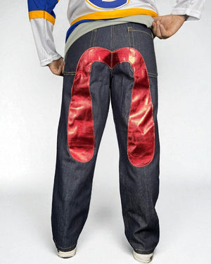 Jeans Reworked Evisu Denim Baggy con Gabbiano in Pelle Rosso Lucido