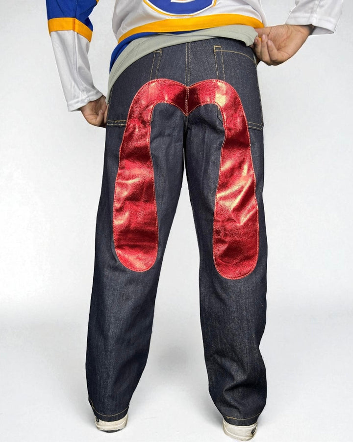 Jeans Reworked Evisu Denim Baggy con Gabbiano in Pelle Rosso Lucido