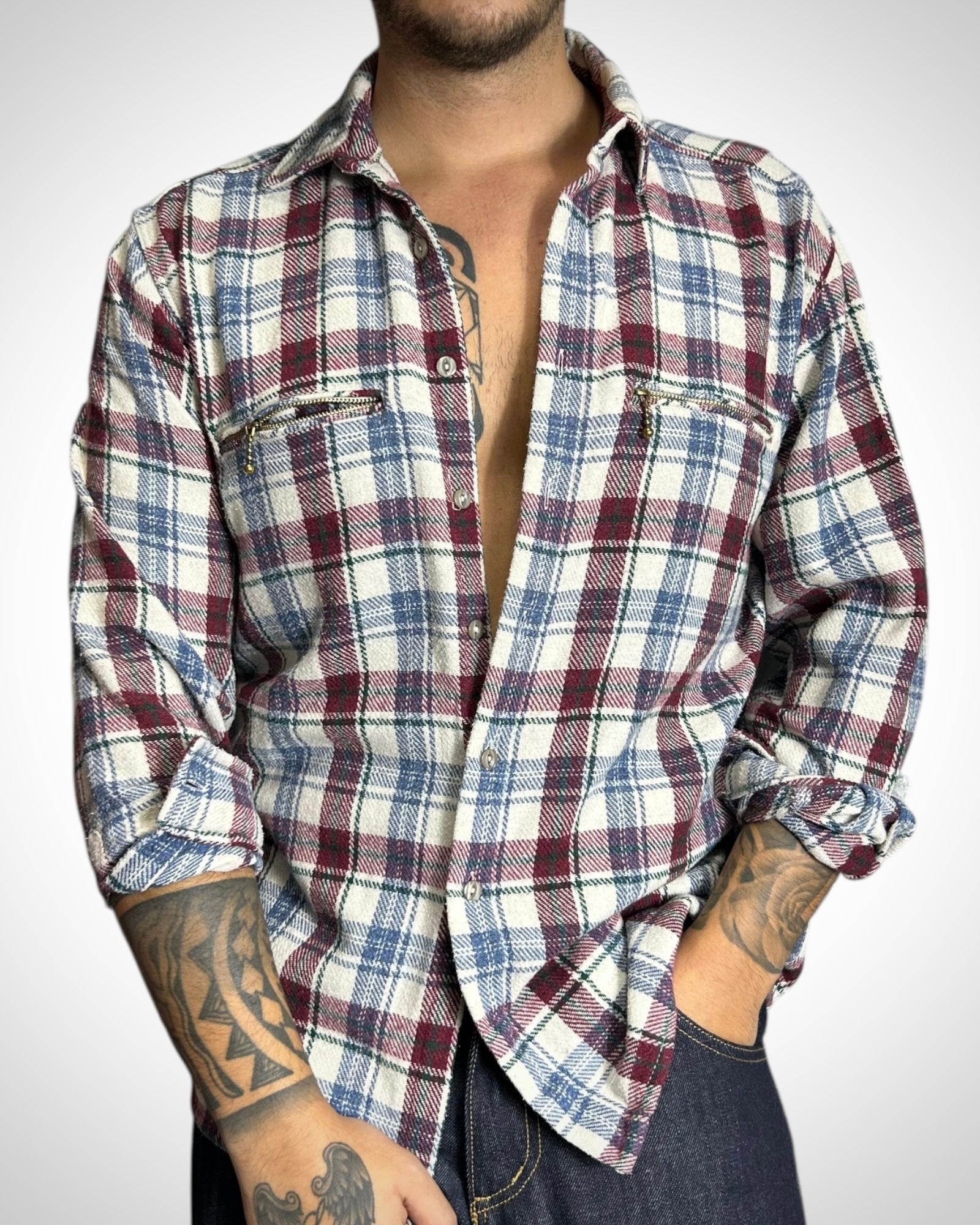 Vintage Check Shirt Zip Pockets Red Blue