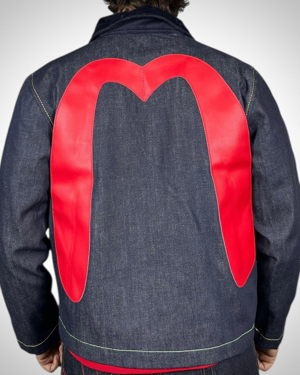 Evisu Denim Jacket con Gabbiano Rosso in Pelle