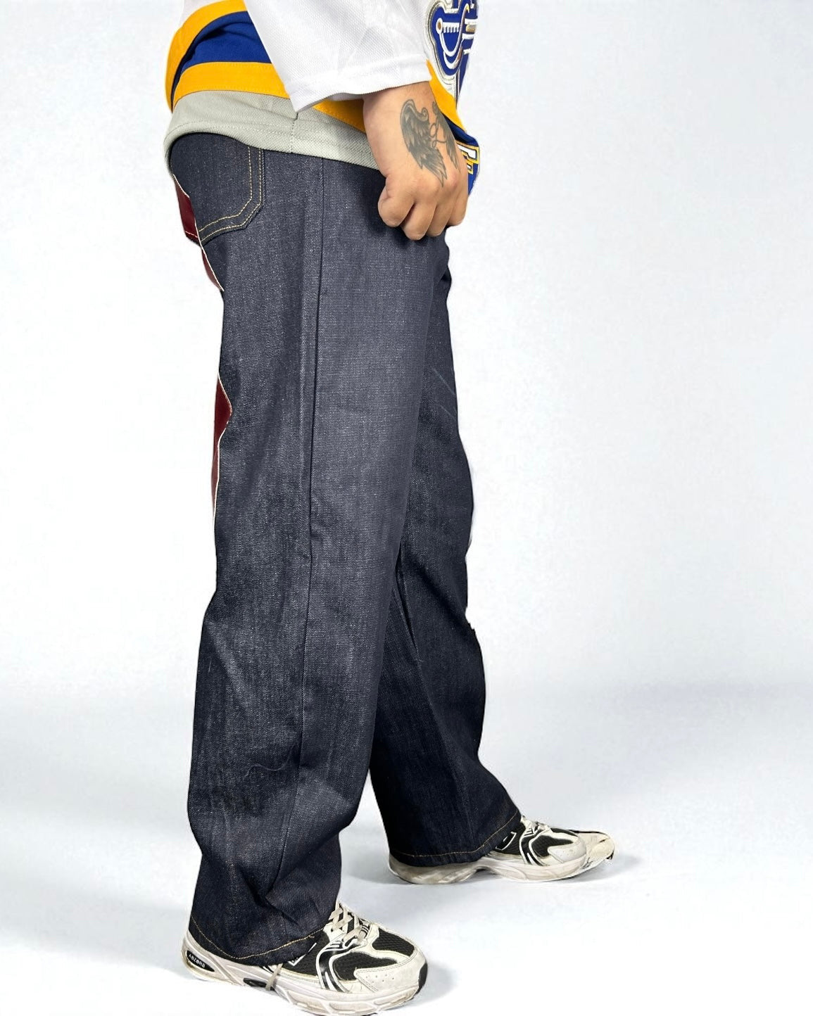 Jeans Reworked Evisu Denim Baggy con Gabbiano in Pelle Rosso Lucido