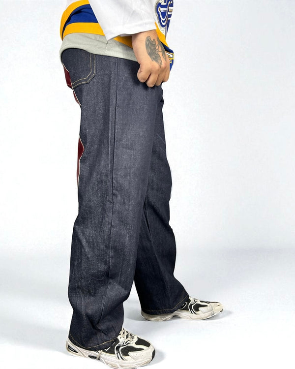 Jeans Reworked Evisu Denim Baggy con Gabbiano in Pelle Rosso Lucido