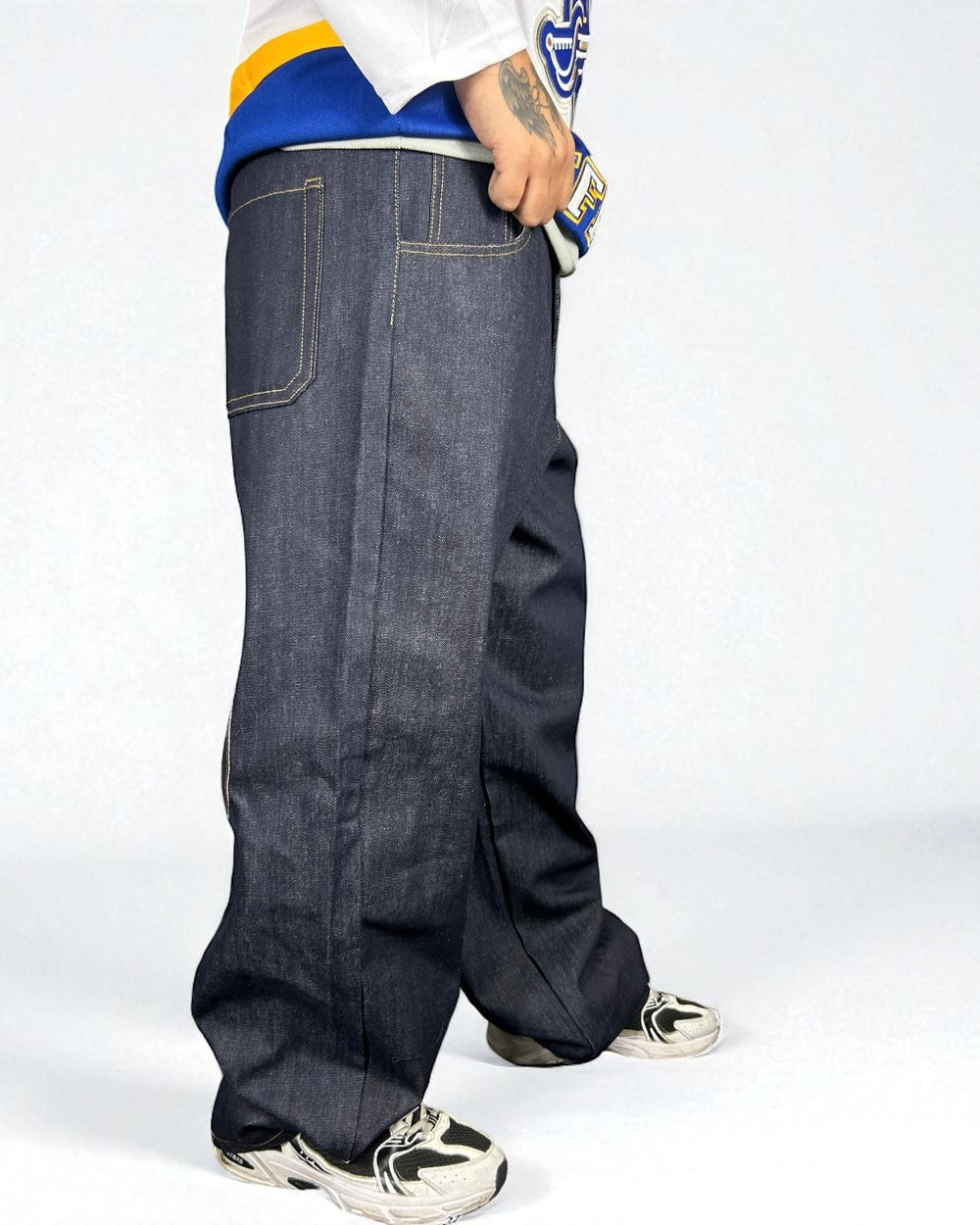 Jeans Reworked Evisu Denim Baggy con Gabbiano in Pelle Nera