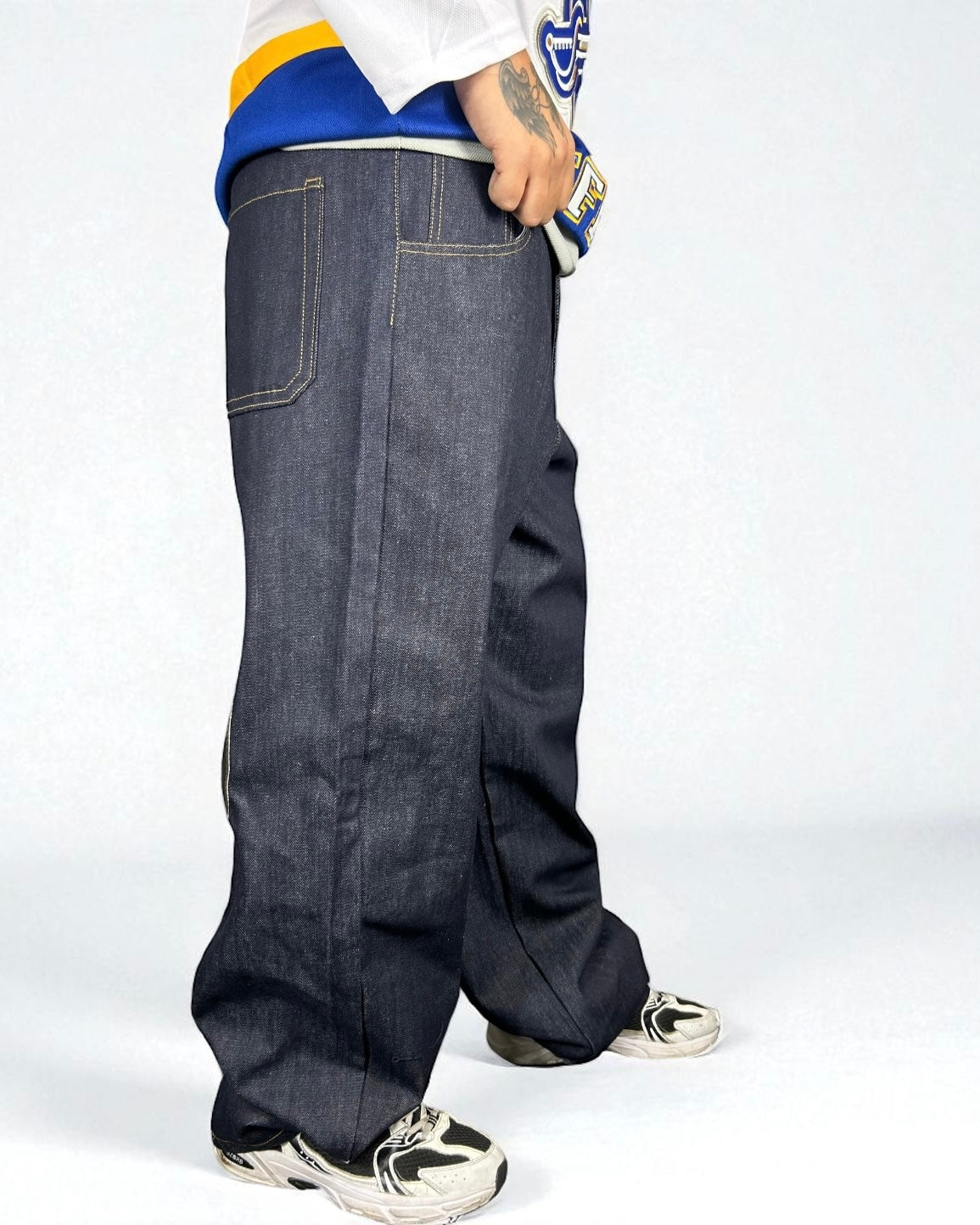 Jeans Reworked Evisu Denim Baggy con Gabbiano in Pelle Nera