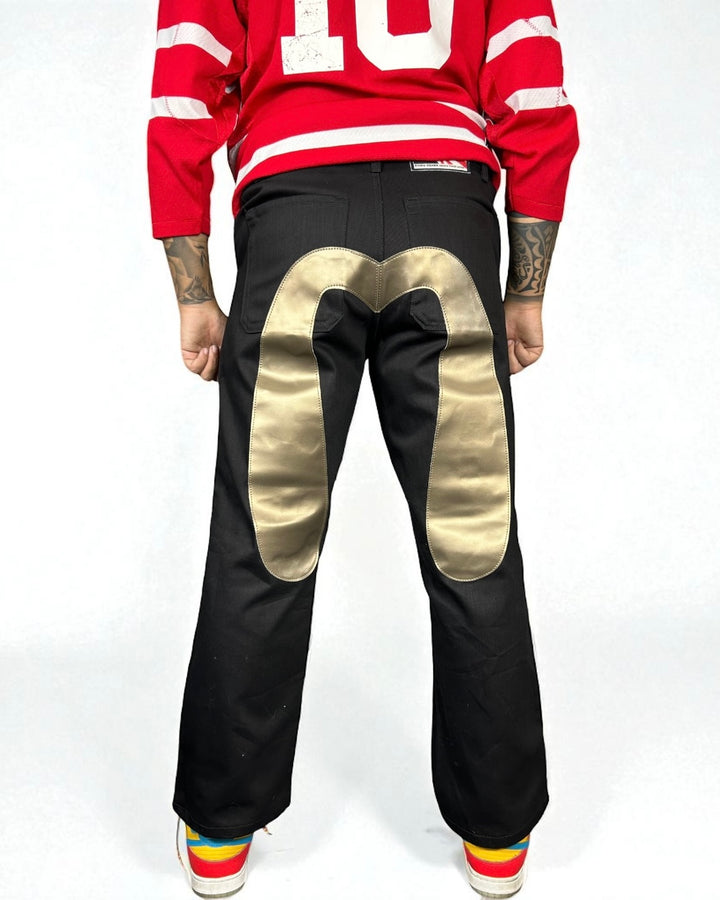 Jeans Reworked Evisu Black Denim Baggy con Gabbiano Gold Laminato